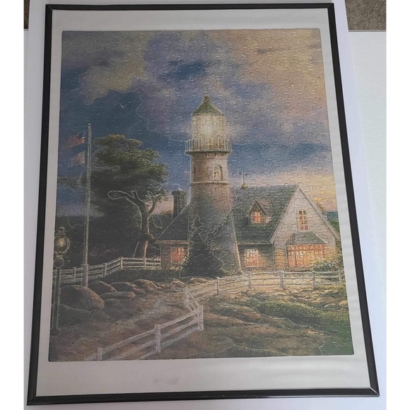NWOT Thomas Kinkade lighthouse framed jigsaw puzzle wall decor hanging - Picture 4 of 8